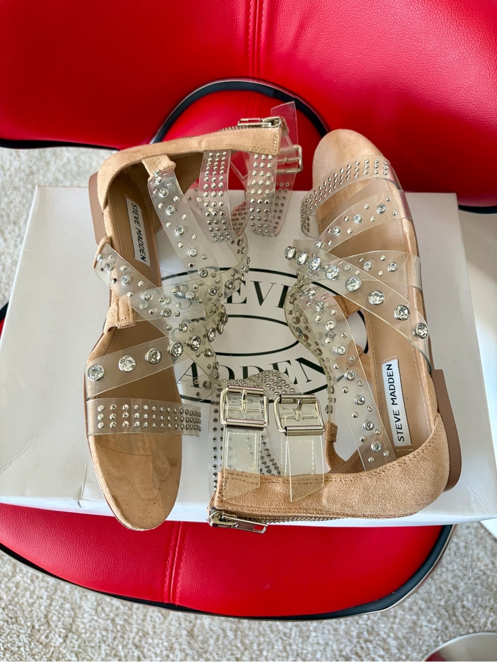 Steve Madden Clear Studded Strappy Gladiator Sandal - Silver Accents - Picture 6 of 10